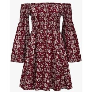 Boho Red Floral Off Shoulder Mini Dress LARGE Bell Sleeve Hippie Casual Western